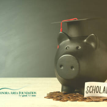 Sonora Area Foundation Scholarships with a pig wearing a graduation cap.
