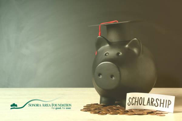 Sonora Area Foundation Scholarships with a pig wearing a graduation cap.