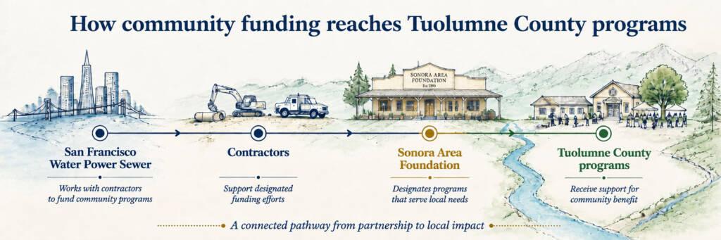 Infographic showing money from SF WPS and it's contractors reach Tuolumne County community programs via Sonora Area Foundation.